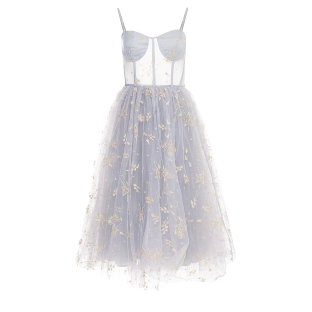 Lurelly Elegant midi Blue Tulle Dress with Floral Embroidery size 6 fairy‎